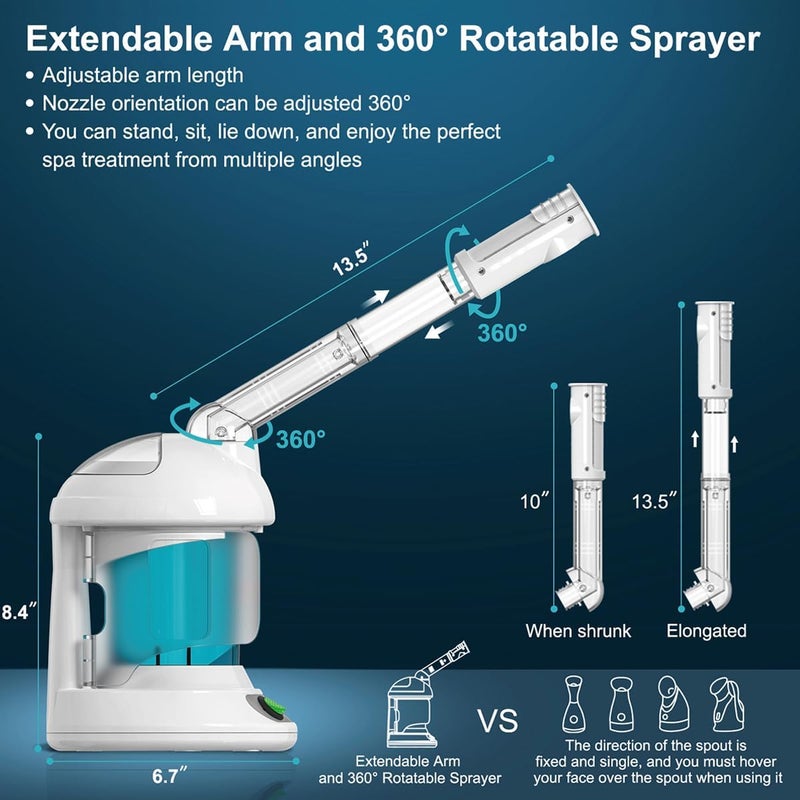 DENFANY Facial Steamer - Nano Ionic Face Steamer with Extendable 360° Rotating Arm - Portable Facial Steamer for Personal Care at Home or Salon (Blue) - Image 3